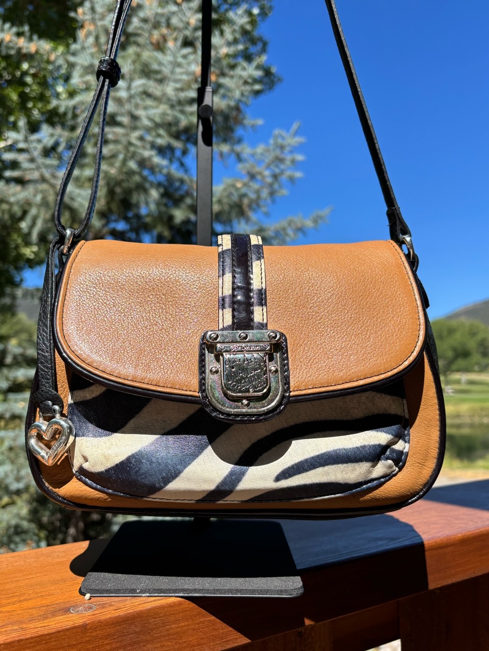 Vintage Brighton Leather and Zebra-Print Crossbody Bag in Cognac Brown